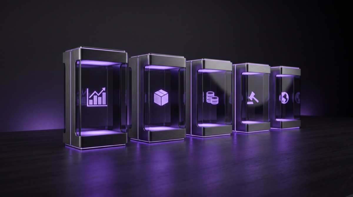 A row of separate sealed steel modules, each holding one isolated glowing company function, none connected