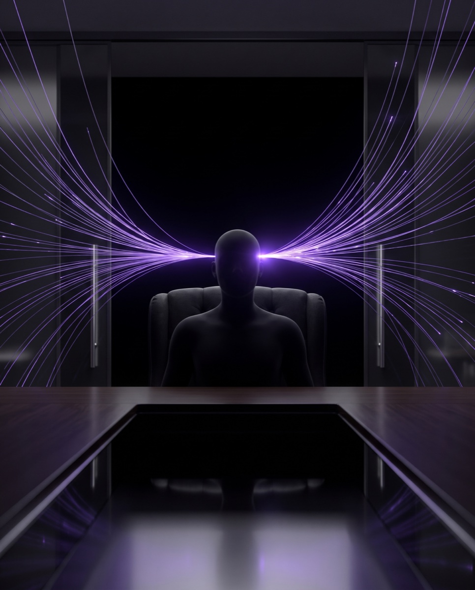 A dark executive silhouette with dozens of thin violet data-threads converging at the temple