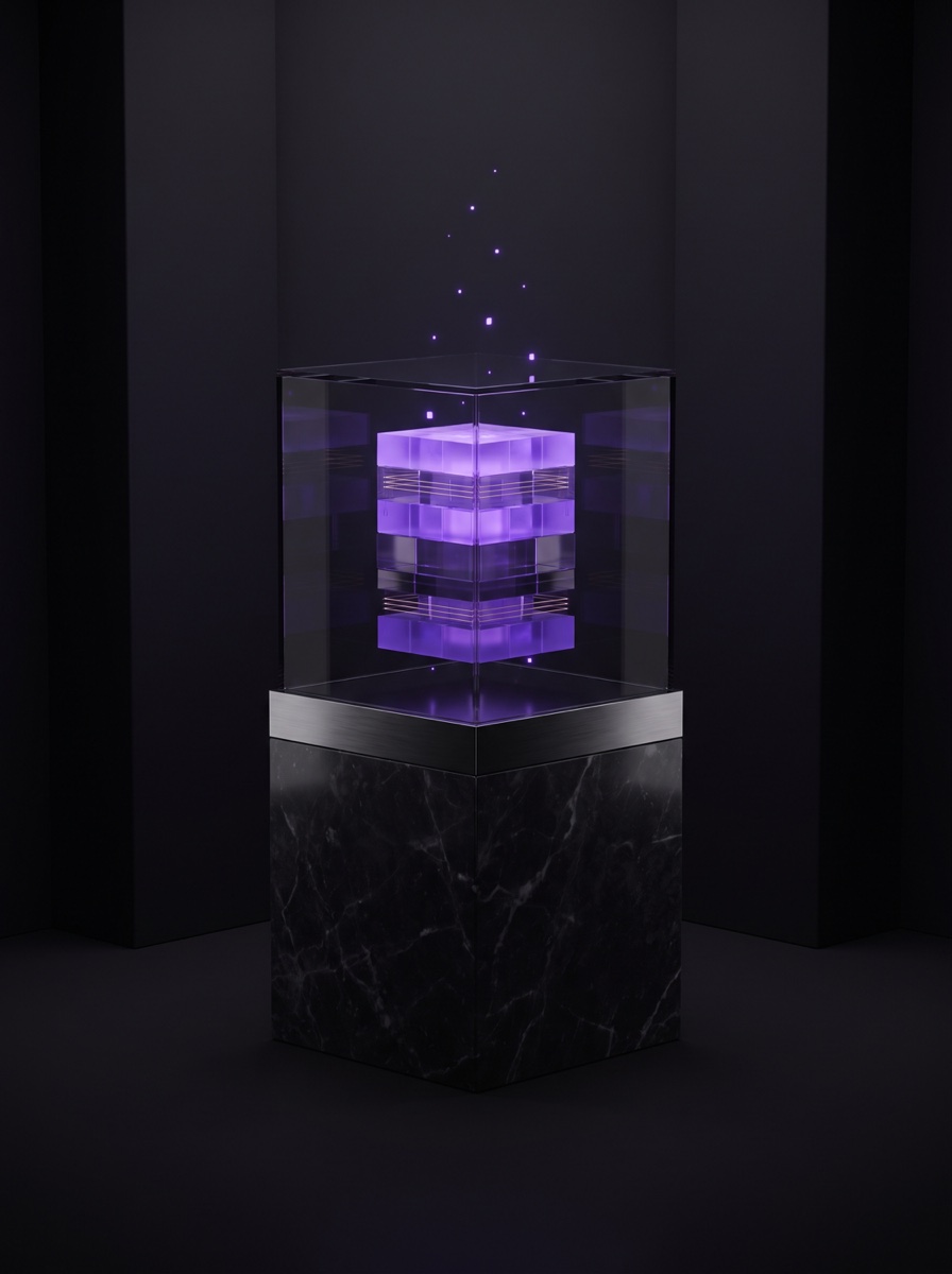 A steel-and-glass vault holding a glowing violet company archive core, layered records of institutional memory