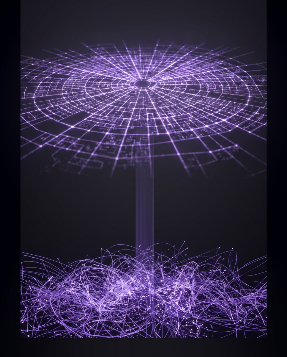 Ground-level chaos below resolving into a calm ordered network of light seen from high above