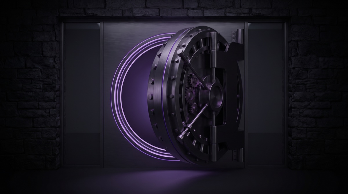 A heavy circular steel vault door with a violet light seam, slightly ajar with controlled violet light