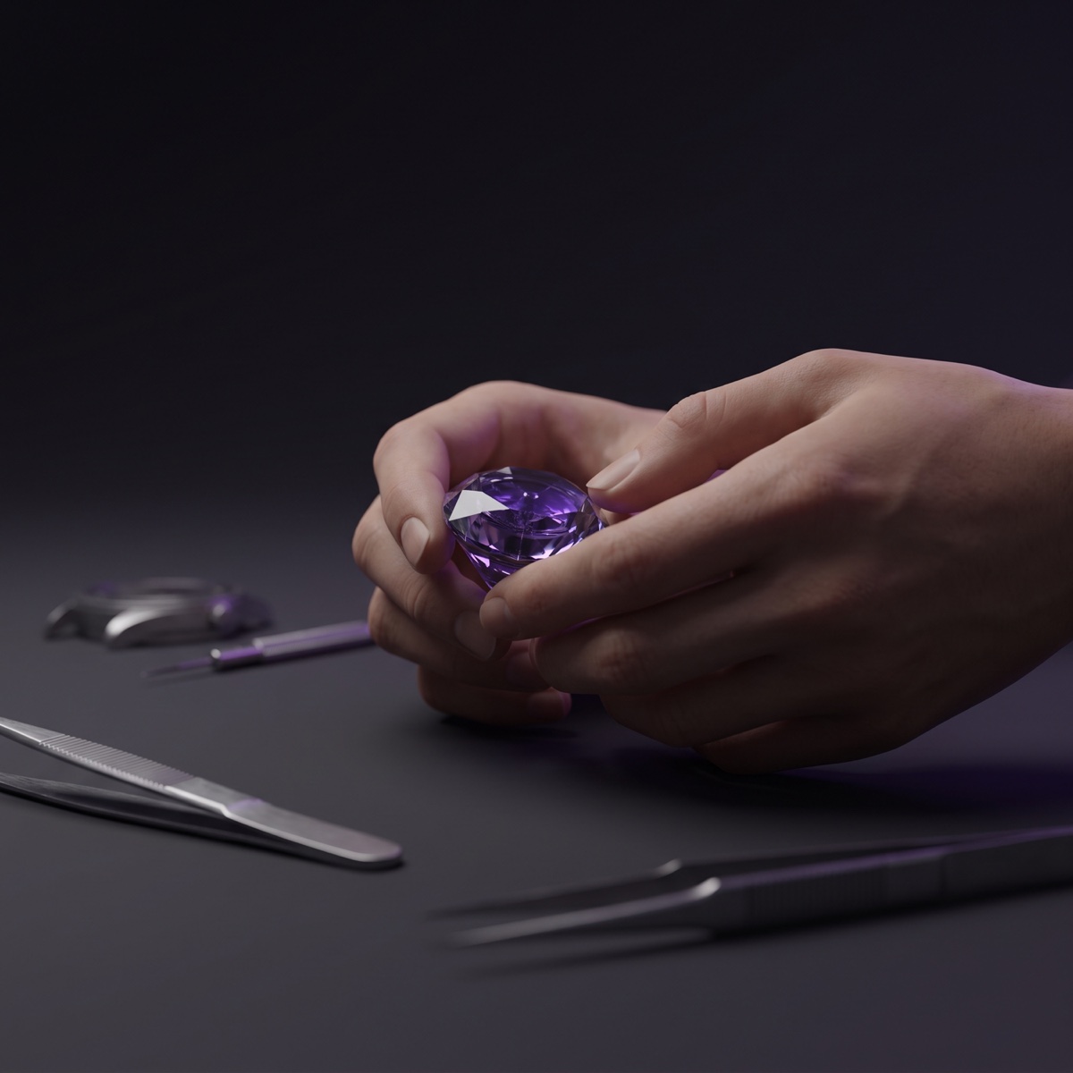 A pair of hands carefully tending a small glowing violet crystalline mechanism, like a watchmaker