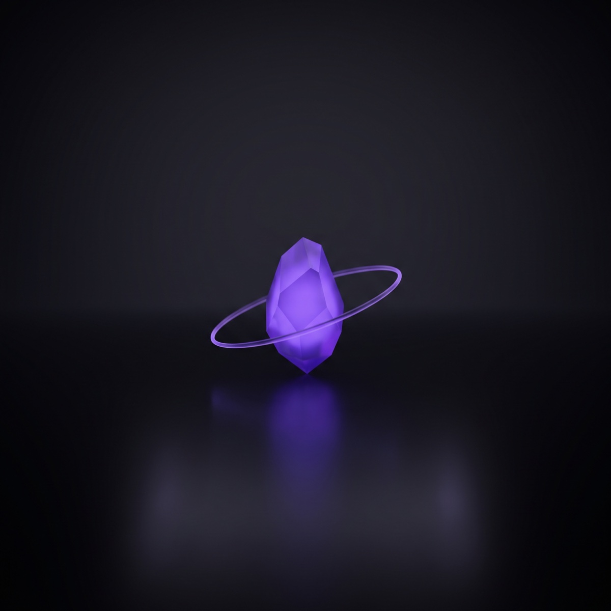 A single calm violet core at rest, glow settled, quiet darkness around it