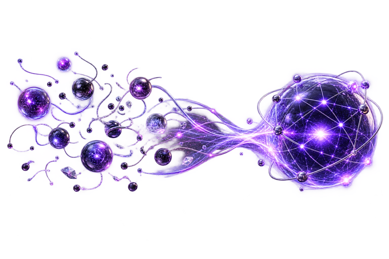 Scattered violet orbs converging into one connected crystalline sphere