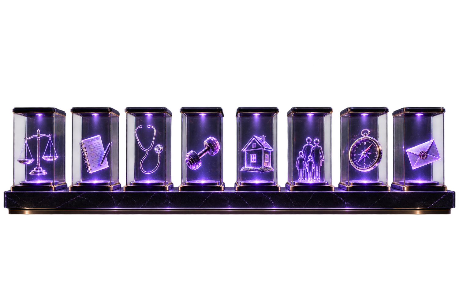 A row of separate glass vitrines, each holding an isolated glowing specialist icon, none connected to the others