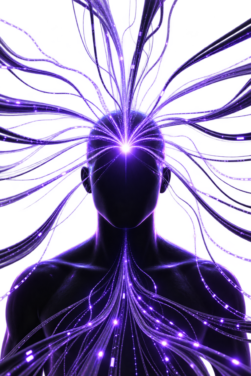 A dark human silhouette with dozens of thin violet light-threads converging at the forehead