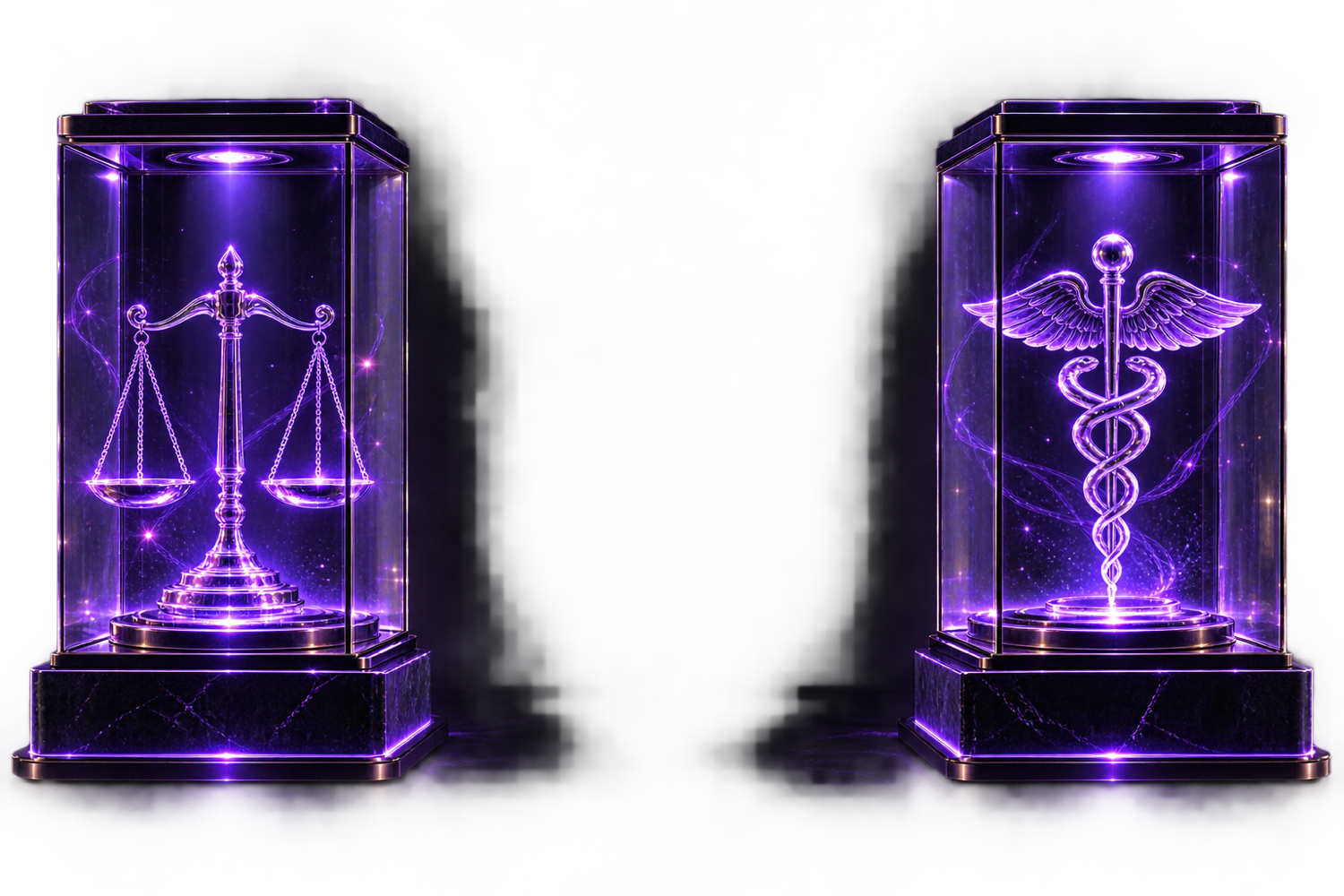 Two separate glass display cases, one holding a scale of justice, one a caduceus, with an empty dark gap between them