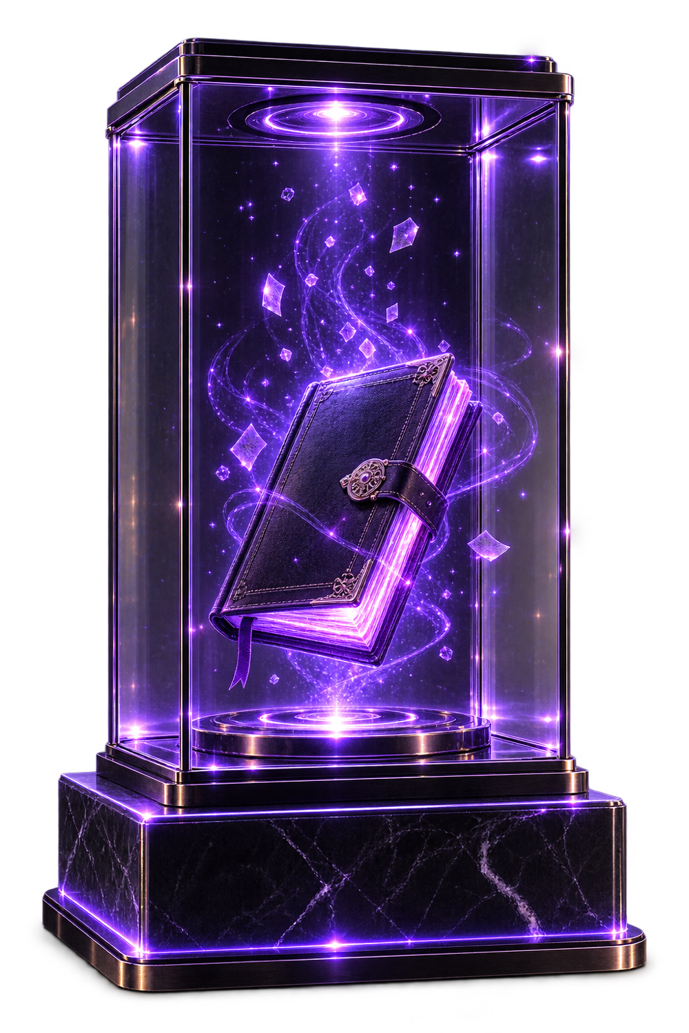 A glass vitrine vault holding a closed leather journal glowing with violet light