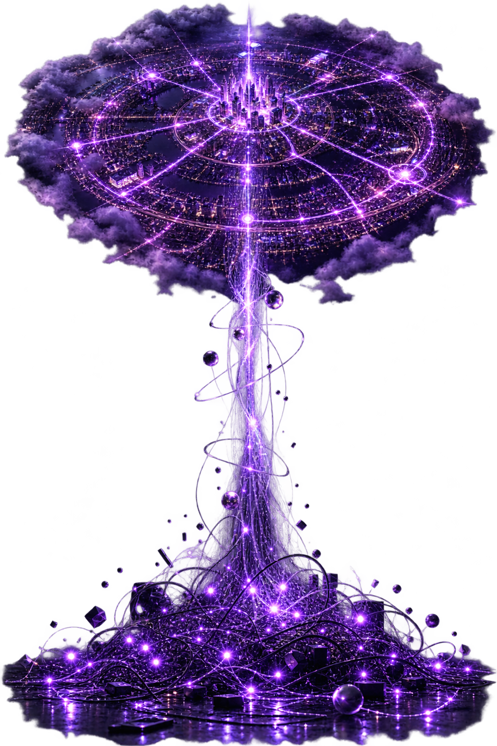 Chaos at ground level resolving into a calm, ordered pattern of light seen from a great height