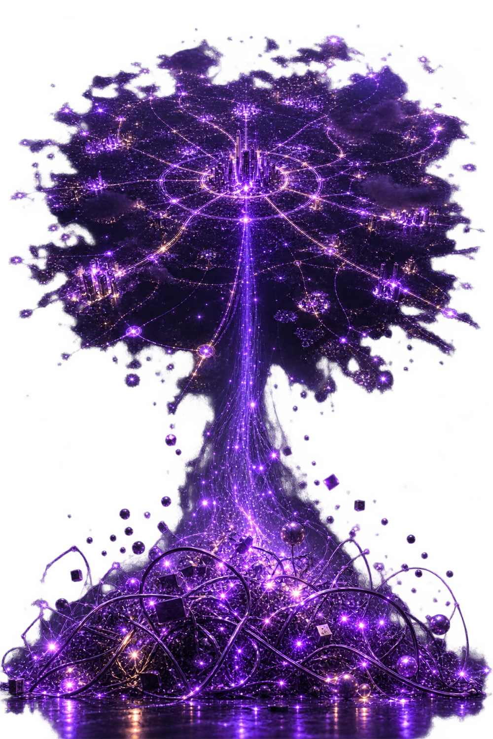 A dense field of dim particles funneling down into a few bright, sharp points of violet light
