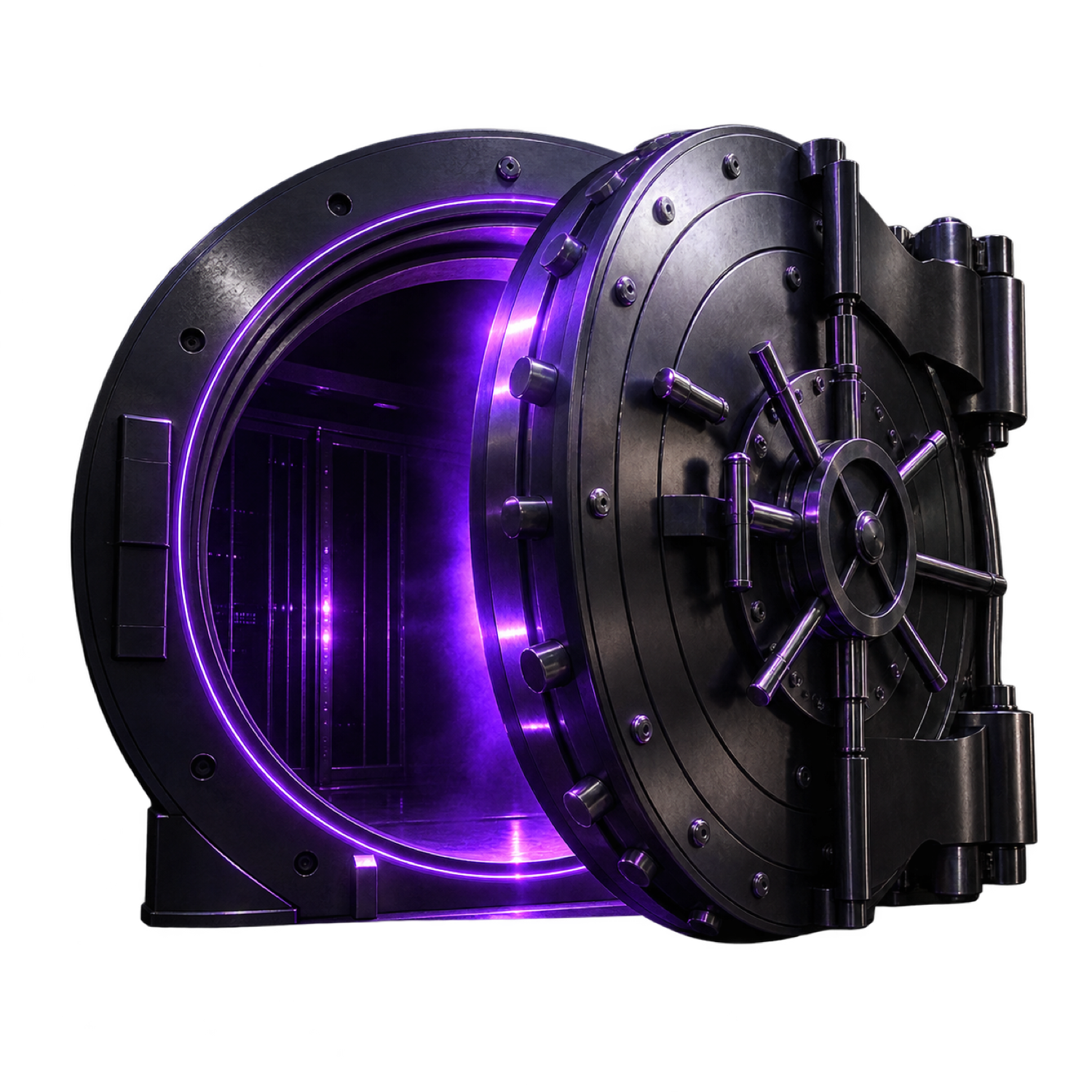 A glowing violet vault sphere sealed inside a private steel-and-glass chamber