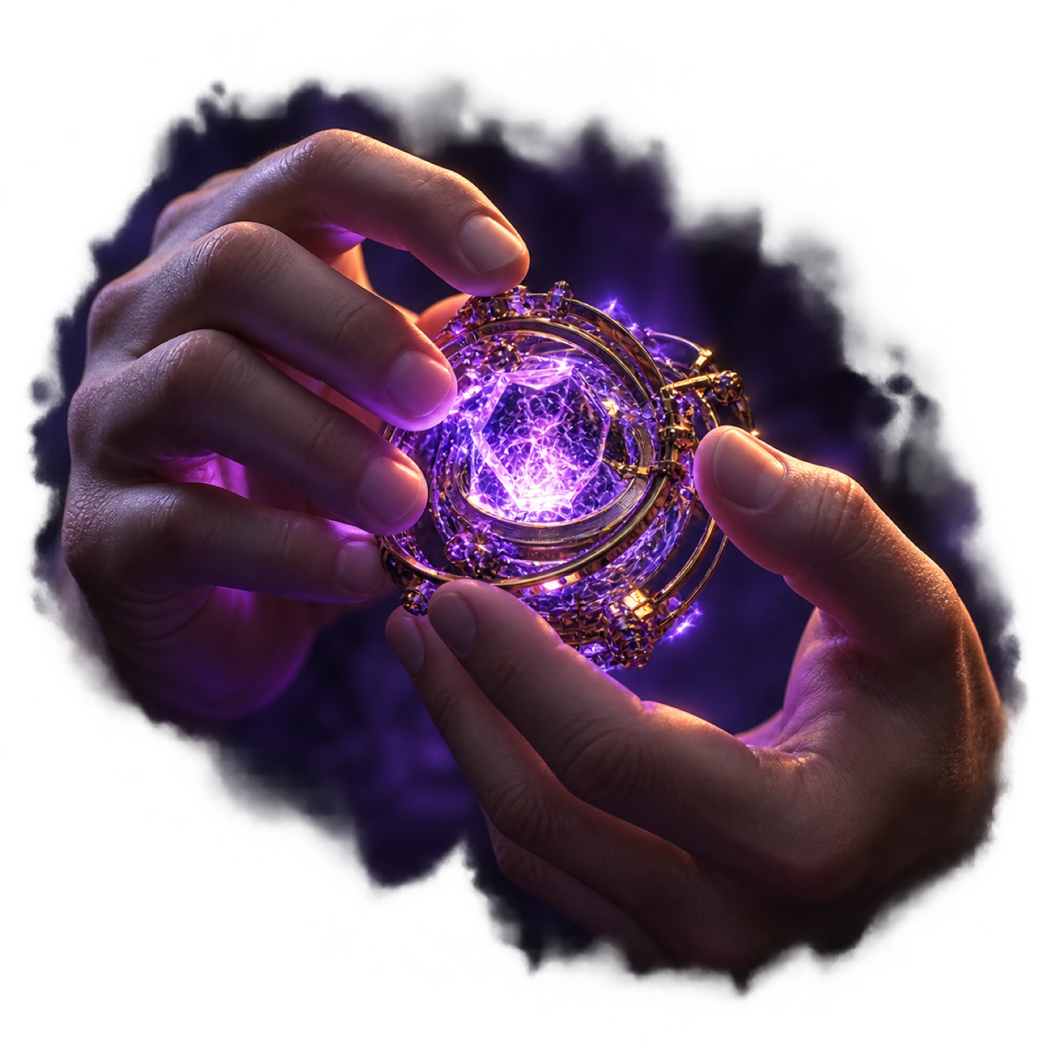 A pair of hands carefully tending a small glowing violet crystalline core, like a watchmaker