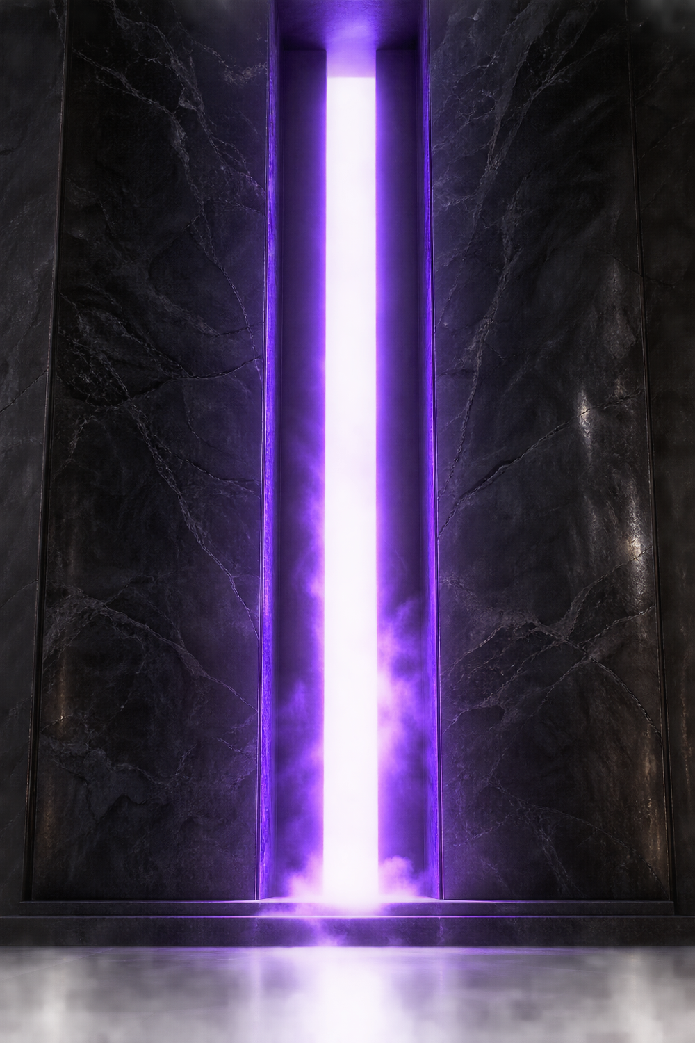 A single closed violet-lit gate standing alone in an empty marble courtyard, admitting only one figure at a time